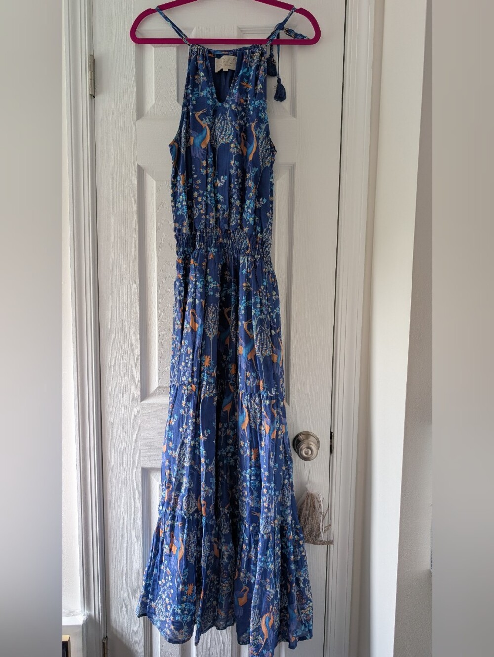 Clover By Kelly Caron Silk and Cotton Blue Floral Maxi Dress with Crane Print